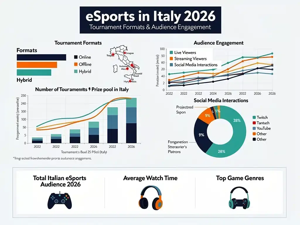Infografica che illustra le proiezioni di crescita e le nuove tendenze nei formati dei tornei eSports italiani per il 2026.