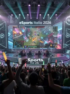 Arena eSports futuristica in Italia, con giocatori in competizione e pubblico entusiasta, simboleggiando le tendenze emergenti nei tornei.