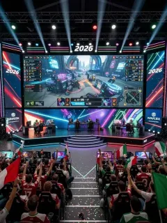 Arena eSports italiana con pubblico entusiasta e il logo '2026', simbolo delle nuove regolamentazioni.