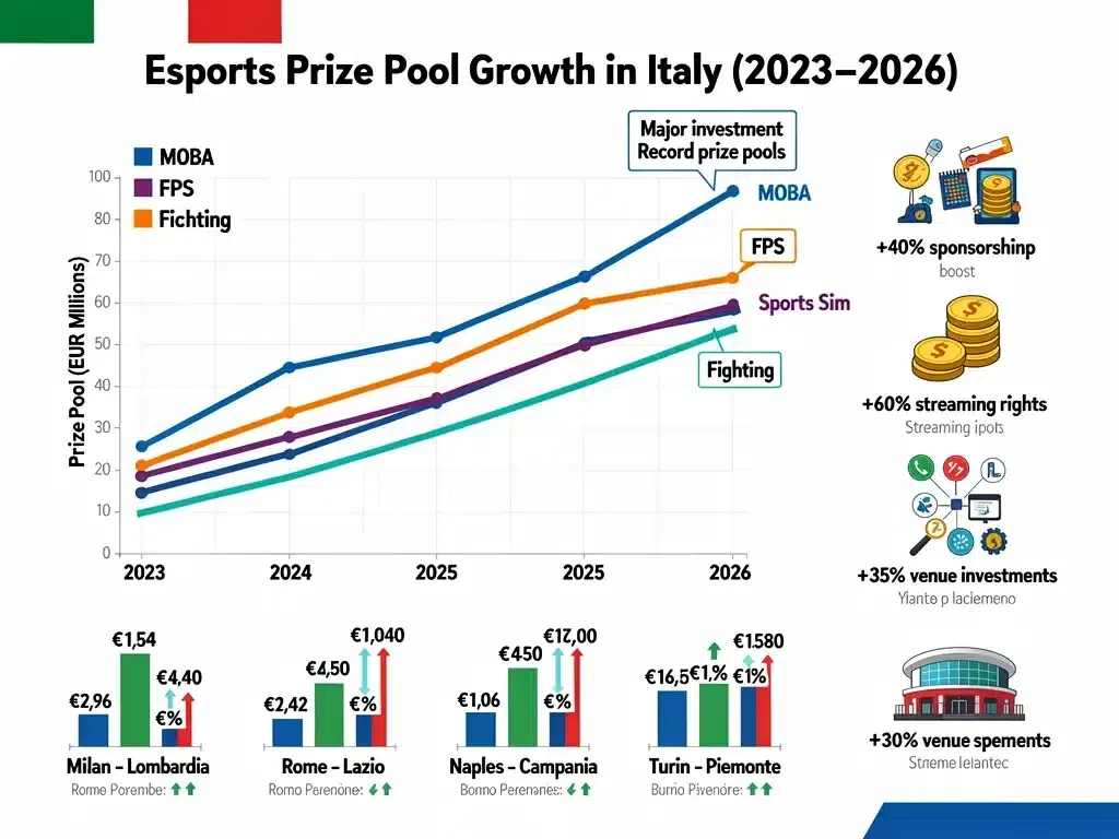 Infografica crescita montepremi eSports Italia 2023-2026