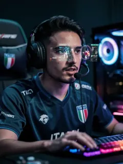 Giocatore italiano concentrato durante un torneo online di eSports nel 2026, con attrezzatura da gaming avanzata.