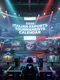 Arena eSports futuristica con il calendario dei tornei italiani 2026 in evidenza