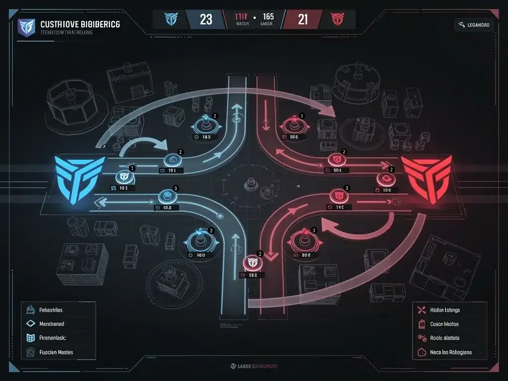 Mappa strategica di un gioco eSports con loghi di team italiani e indicazioni tattiche