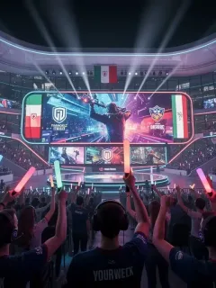 Arena eSports futuristica in Italia con team in competizione e pubblico entusiasta