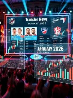Arena eSports italiana con schermo che mostra profili giocatori e notizie di mercato, simboleggiando il Mercato Trasferimenti eSports Italia nel gennaio 2026.