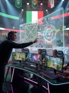 Coach di eSports italiano in una sessione di strategia intensiva con la sua squadra, in preparazione per i tornei del 2026.