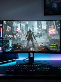 Configurazione gaming futuristica con PC ad alte prestazioni che mostra un gioco AAA, evidenziando la grafica migliorata e i frame rate fluidi grazie al DLSS 4.0 di NVIDIA.