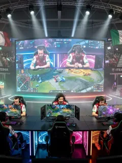 Arena eSports italiana con team professionisti in gara, schermi giganti e pubblico entusiasta, illuminata da luci dinamiche.