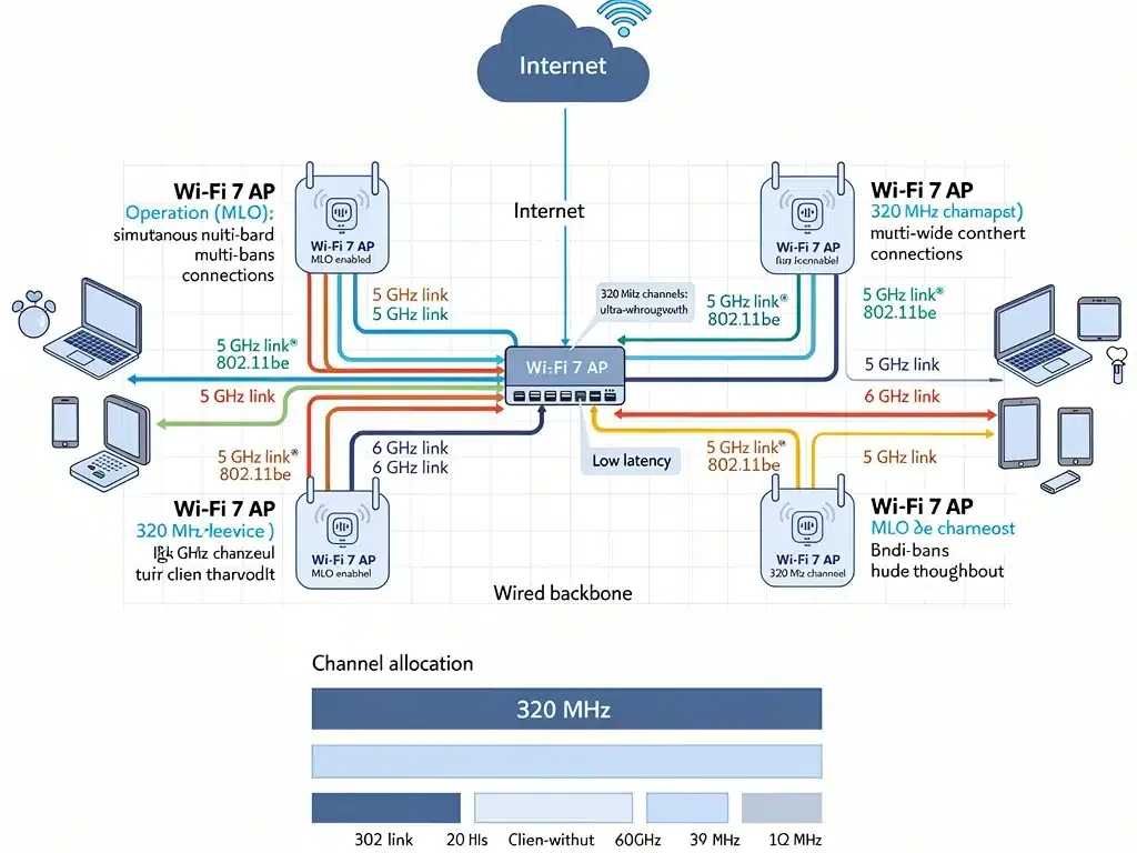 Diagramma architettura rete Wi-Fi 7 con MLO e canali 320 MHz