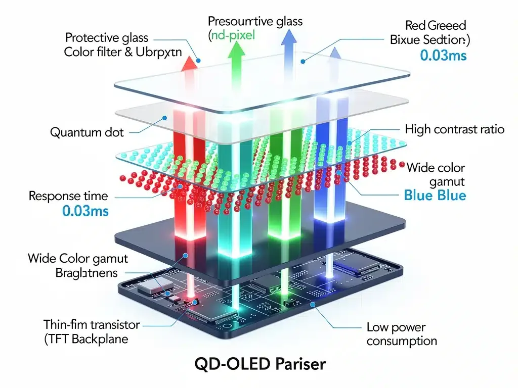 Diagramma tecnico della struttura del pannello QD-OLED, che mostra la conversione della luce e l'efficienza dei colori.