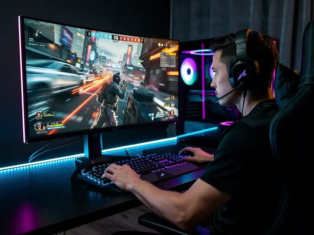 Giocatore di esports concentrato su un monitor QD-OLED, che mostra un gameplay rapido e senza sfocature.