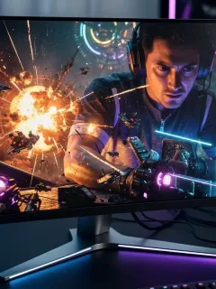Monitor gaming QD-OLED del 2026 con grafica di gioco vivida e reattiva, che mostra neri profondi e colori brillanti.