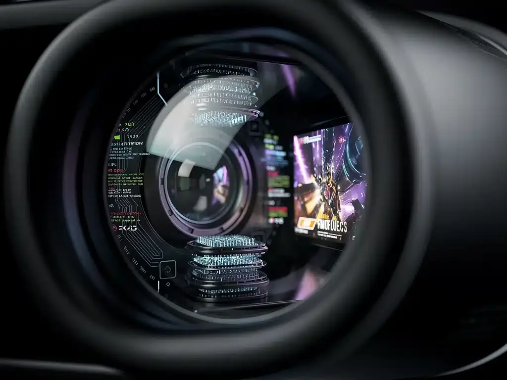 Dettaglio delle lenti di un headset VR avanzato, che mostra la nitidezza e la precisione delle immagini virtuali, essenziali per la Realtà Virtuale Gaming 2026.
