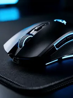 Mouse gaming wireless nero e blu con illuminazione RGB su tappetino ad alte prestazioni, simbolo di tecnologia avanzata e precisione.