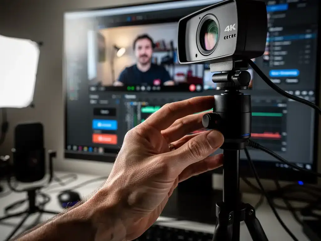 Content creator che regola le impostazioni di una webcam 4K per ottimizzare lo streaming.