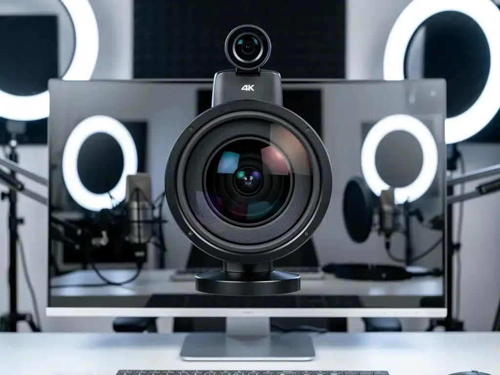 Webcam 4K ad alta definizione posizionata su un monitor, ideale per streaming professionali.