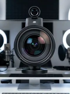 Webcam 4K ad alta definizione posizionata su un monitor, ideale per streaming professionali.