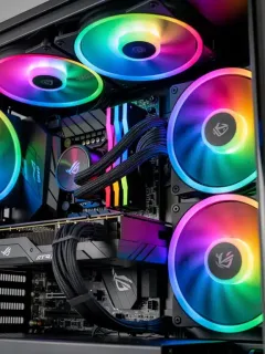 Interno di un case PC con ventole RGB da 120mm e 140mm in funzione, illuminando i componenti con luce sincronizzata.
