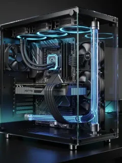 PC da gaming futuristico con sistema di raffreddamento a liquido avanzato e tubi luminosi blu