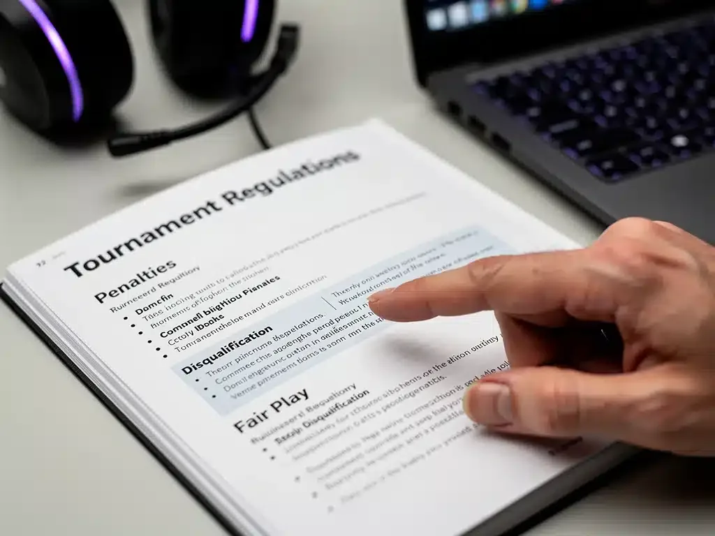 Primo piano di un regolamento eSports con un dito che indica una sezione sulle penalità, sottolineando l'importanza della lettura attenta.