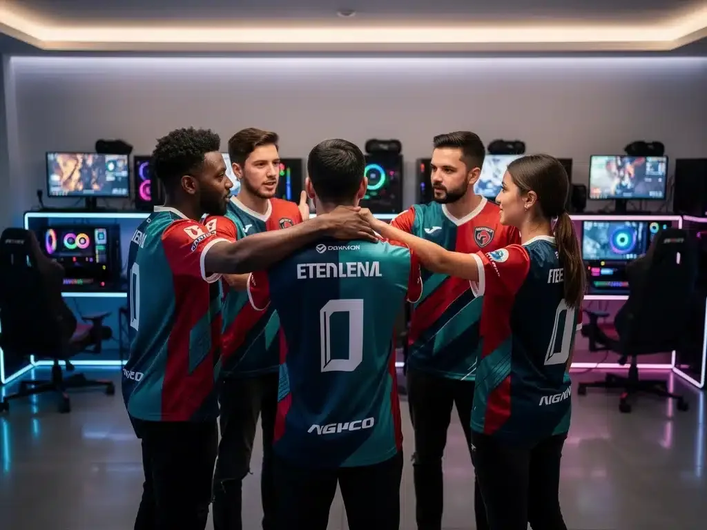 Squadra eSports in riunione pre-partita, discutendo strategia e fair play, simbolo di collaborazione e condotta etica.