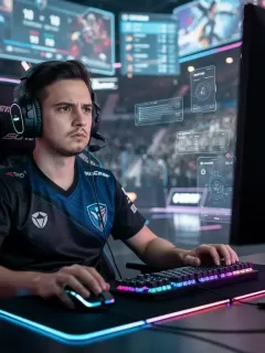 Giocatore eSports concentrato sul monitor, circondato da luci al neon, simbolo di rigore e rispetto delle regole in un torneo.