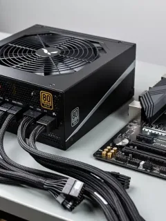 Alimentatore modulare da 850W con certificazione 80 Plus Gold, cavi ordinati e scheda madre di un PC gaming del 2026.