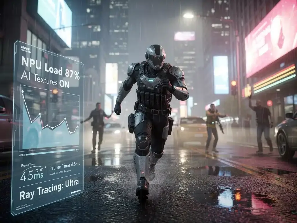 Scena di gioco ultra-realistica con grafica potenziata dall'IA, che mostra texture e illuminazione avanzate grazie alle NPU.