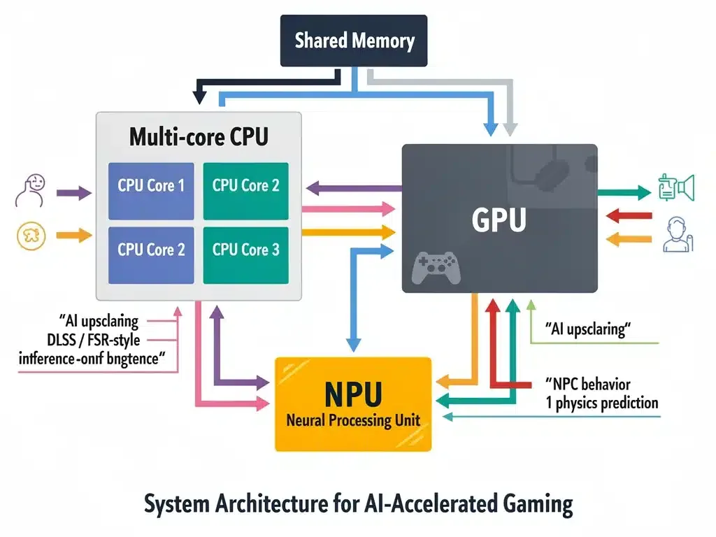Diagramma architetturale di una CPU con NPU dedicata, che illustra il flusso di dati e l'interazione per l'accelerazione AI nel gaming.