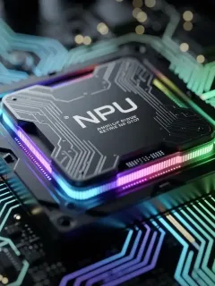CPU futuristica con NPU integrata per gaming, illuminata da effetti AI, che simboleggia l'innovazione nell'hardware di gioco.