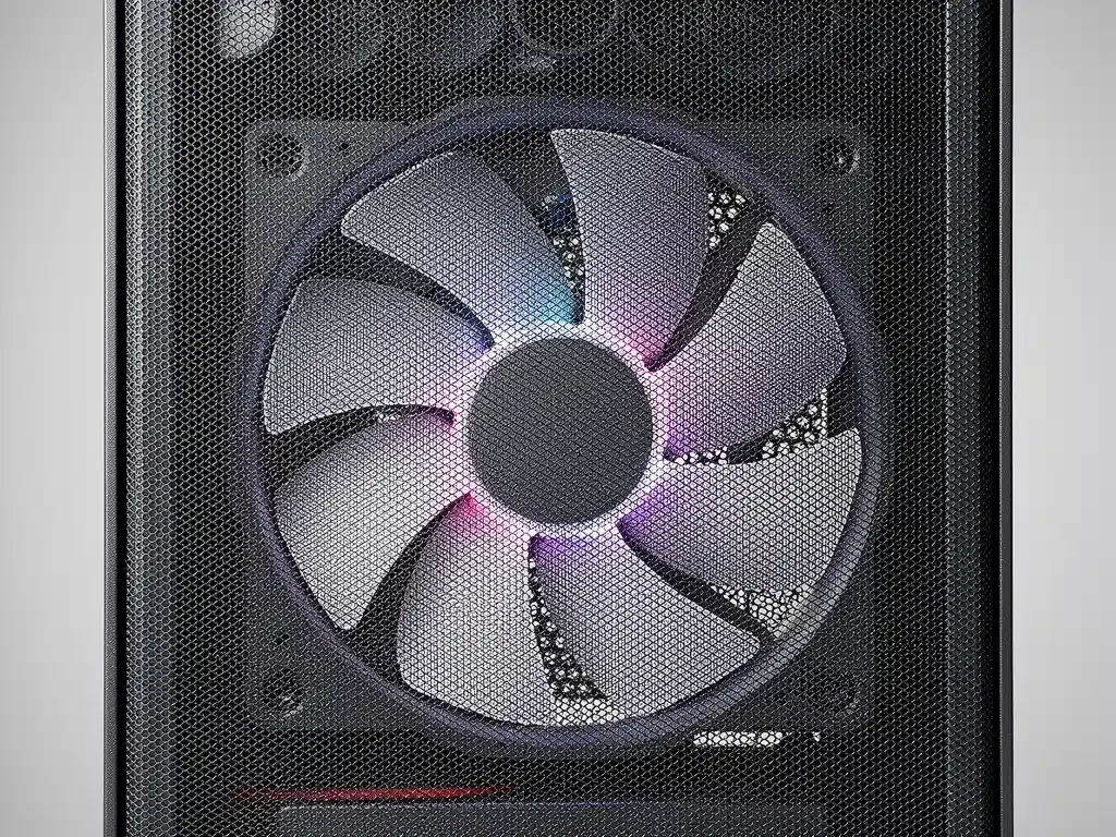 Pannello frontale in mesh di un case PC per massima aspirazione dell'aria, con filtri antipolvere e ventole interne.