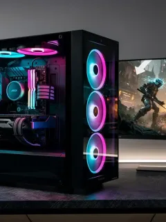 Case PC gaming trasparente con illuminazione RGB e ventole ottimizzate per il flusso d'aria, mostra componenti interni ad alte prestazioni.