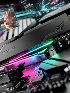 Unità SSD NVMe Gen 5 ad alte prestazioni su scheda madre gaming, con illuminazione RGB e componenti avanzati, simbolo di velocità e innovazione nel gaming.