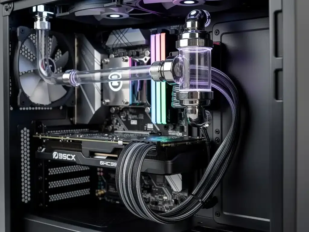 Interno di un case PC gaming con sistema di raffreddamento a liquido e gestione cavi impeccabile.