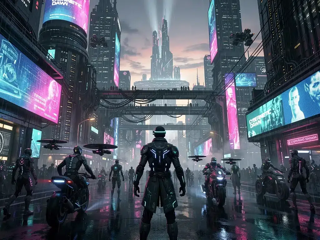 Immagine interna: Panoramica della città futuristica di Cybernetic Dawn.