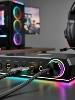 Scheda audio esterna ad alte prestazioni con illuminazione LED e cuffie da gaming, pronta per il gaming competitivo.