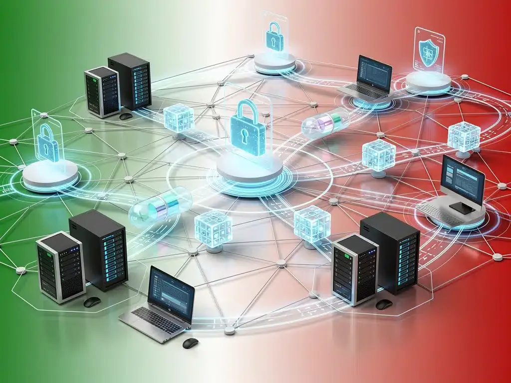 Rappresentazione astratta di una rete di server con dati sicuri, che illustra un sistema anti-cheat integrato.