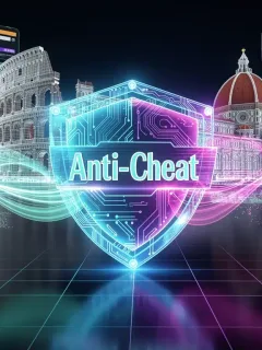 Scudo digitale futuristico che protegge un'interfaccia di gioco online, simbolo delle nuove funzionalità anti-cheat in Italia.