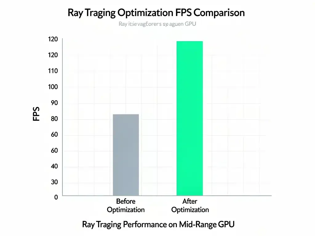 Grafico comparativo FPS prima e dopo l'ottimizzazione del Ray Tracing su una GPU di fascia media, mostrando un aumento delle prestazioni.