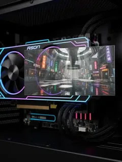 Scheda grafica di fascia media che esegue Ray Tracing in un ambiente di gioco futuristico, con riflessi realistici e illuminazione globale.