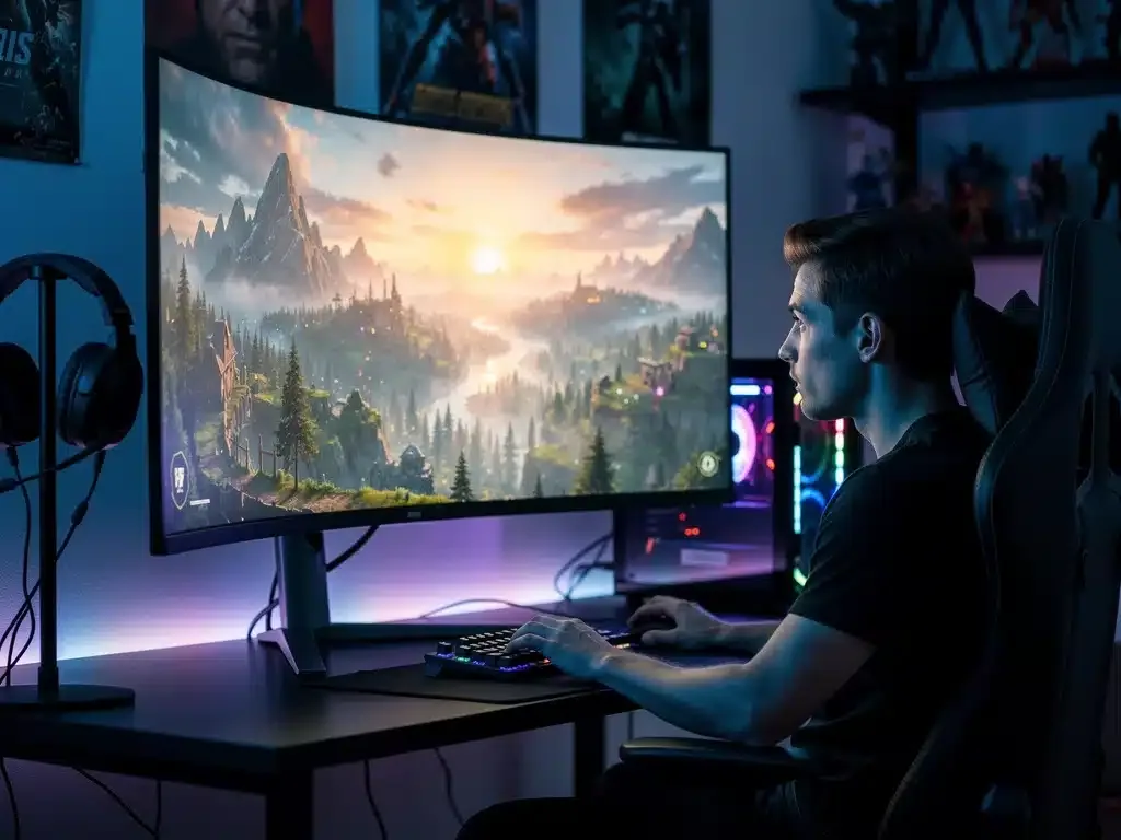 Giocatore immerso in un videogioco su monitor ultrawide curvo, rappresentante l'esperienza di gioco coinvolgente del PC Gaming Italia 2026.