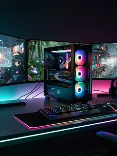 Configurazione gaming futuristica con PC ad alte prestazioni, monitor multipli e illuminazione RGB, rappresentante il futuro del PC Gaming Italia 2026.