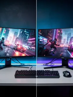 Confronto tra monitor gaming curvo e piatto, con giochi ad alta frequenza di aggiornamento