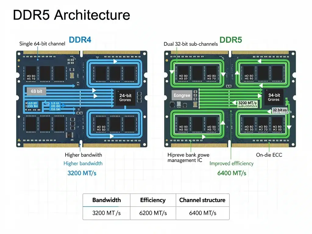 Diagramma comparativo delle architetture RAM DDR5 e DDR4, mostrando miglioramenti tecnici.