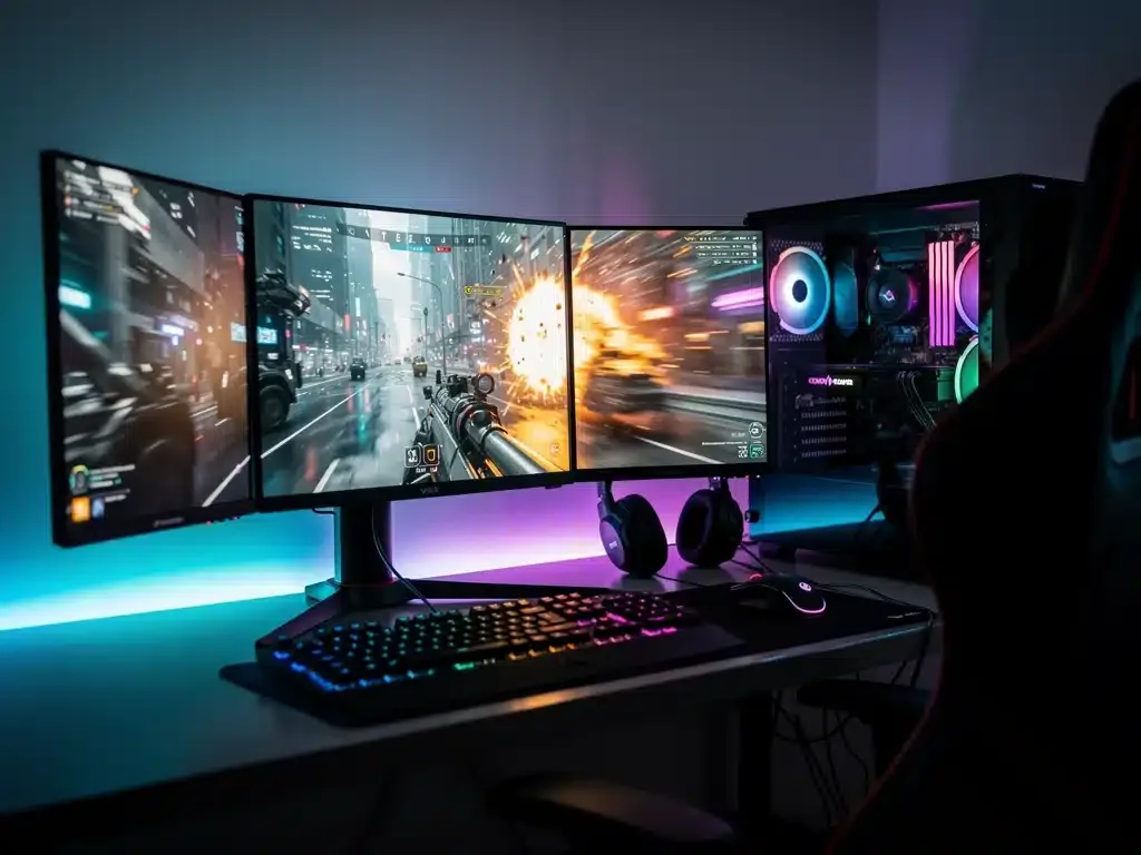 Stazione di gioco con PC ad alte prestazioni e monitor che mostrano un videogioco, evidenziando l'esperienza immersiva.