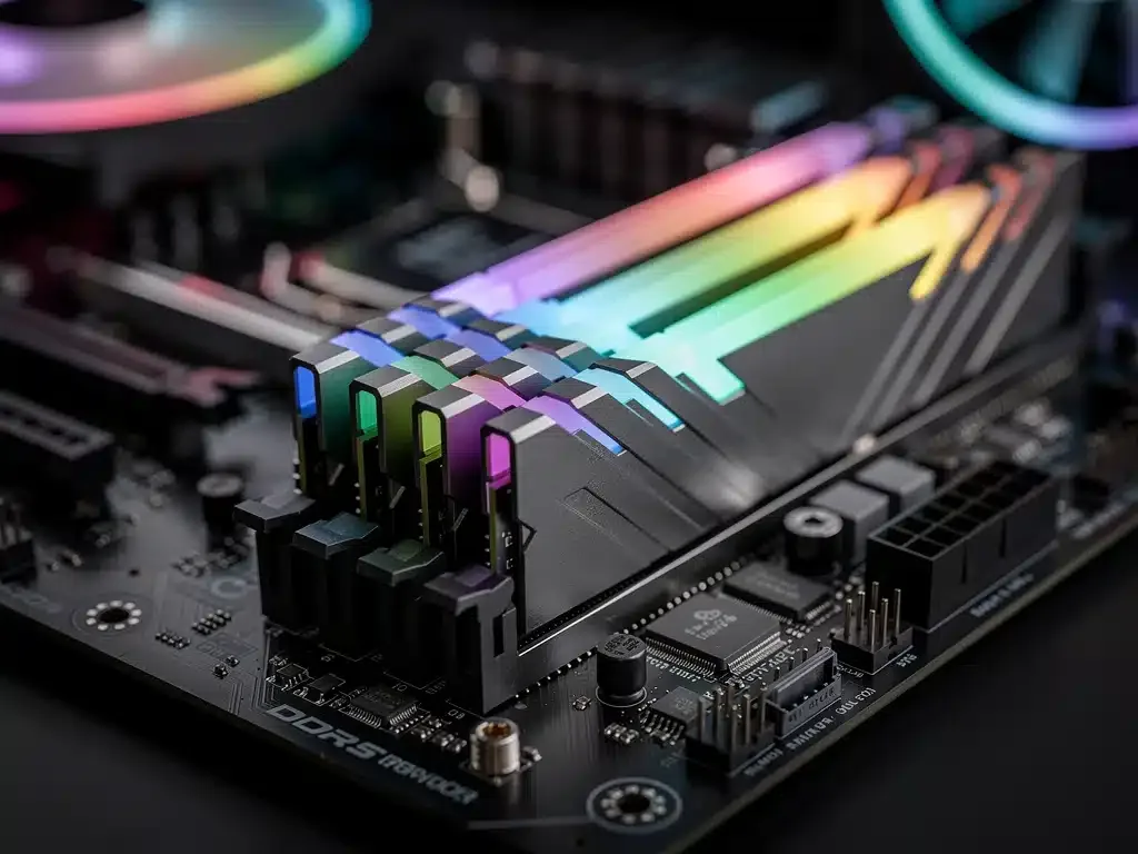 Moduli RAM DDR5 ad alte prestazioni installati su una scheda madre, con illuminazione RGB accesa.