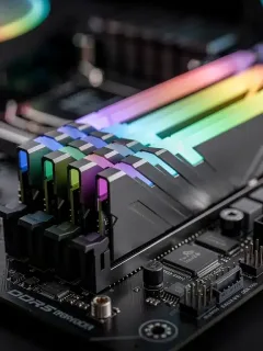 Moduli RAM DDR5 ad alte prestazioni installati su una scheda madre, con illuminazione RGB accesa.