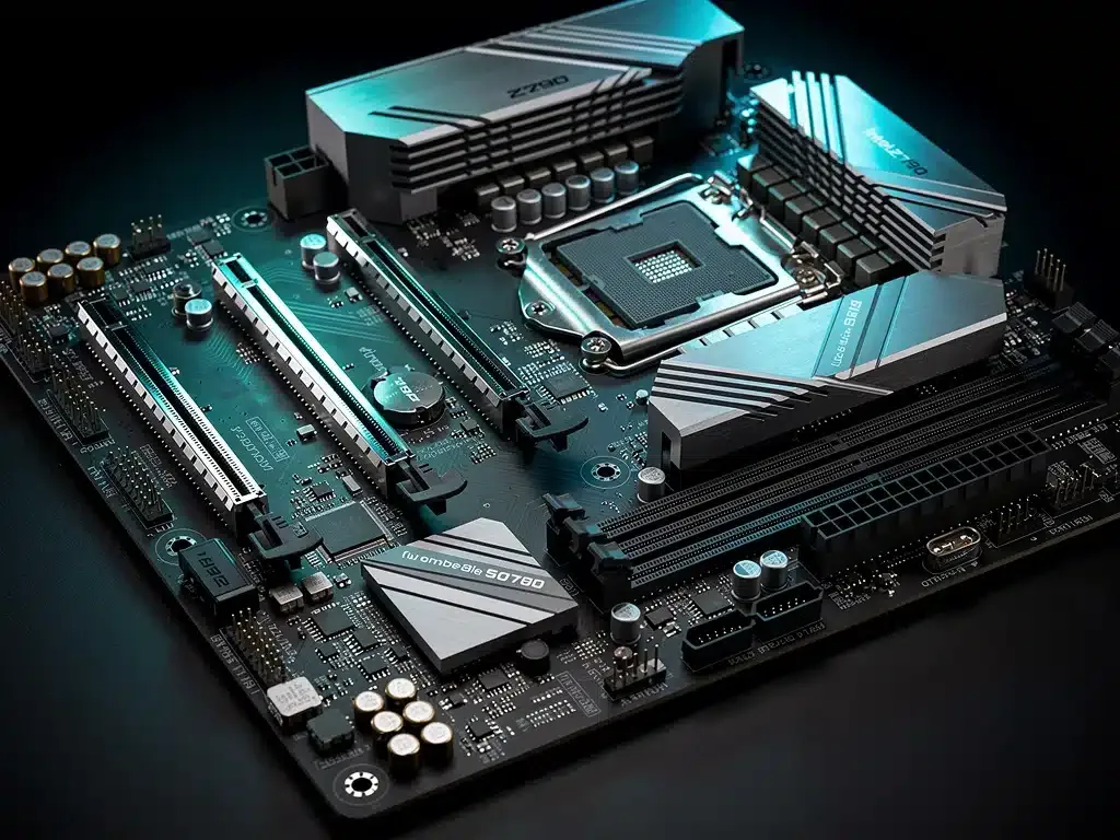 Dettaglio di una scheda madre Intel Z790 con dissipatori VRM e slot PCIe 5.0
