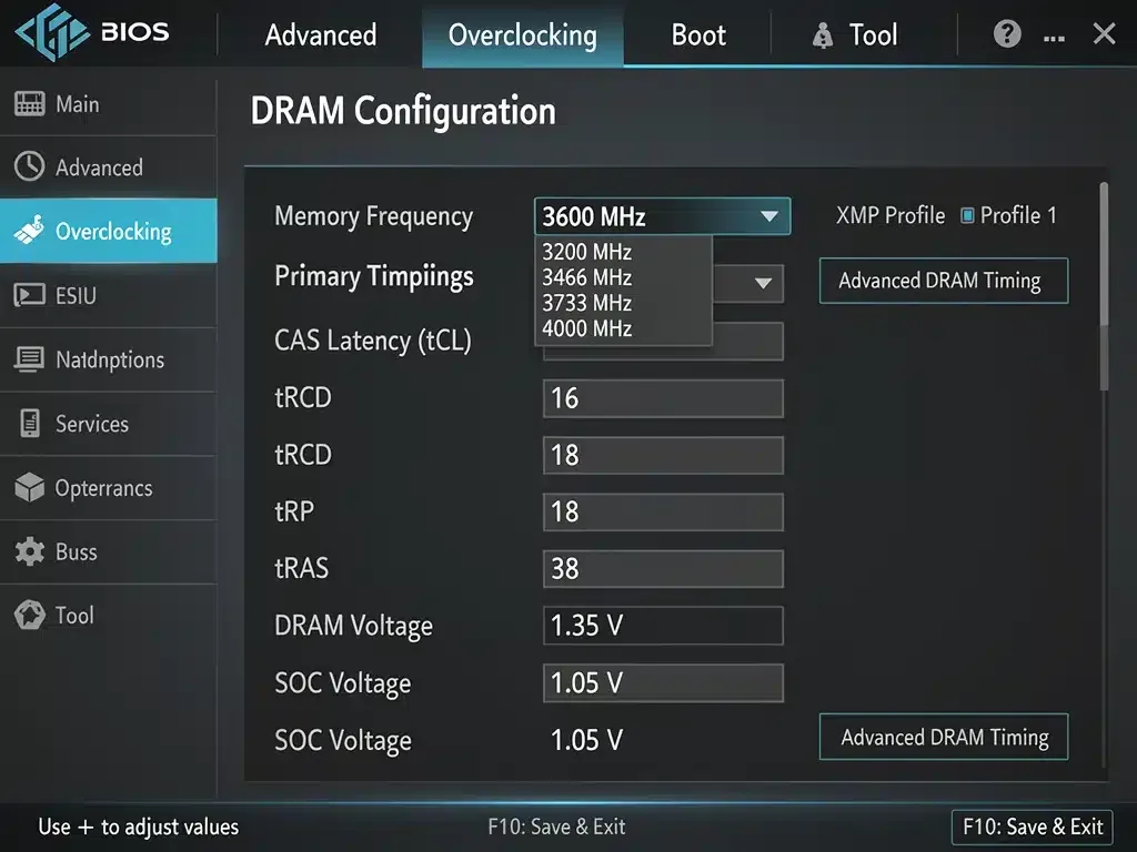 Schermata del BIOS/UEFI con le opzioni di configurazione della RAM, inclusi frequenza, timing e voltaggio.
