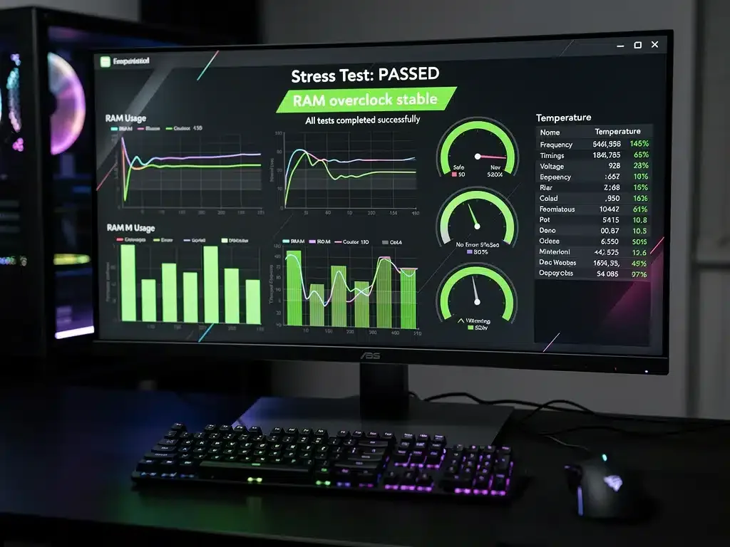 Software di stress test della RAM in esecuzione, mostrando grafici di stabilità e temperatura del sistema.